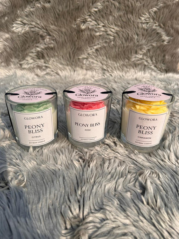 Glowora Peony Bliss Scented Glass Candle Trio – 3-Piece Luxury Soy Wax Gift Set (Citrus, Rose & Cinnamon) with Sculpted Peony Flower Wax Art for Home Decor & Aromatherapy