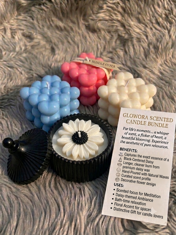Glowora Scented Candle Bundle – 4-Piece Luxury Soy Wax Gift Set (Black-Centered Daisy Ribbed Jar & Pastel Heart Bubble Cubes) for Aesthetic Room Decor & Stress Relief