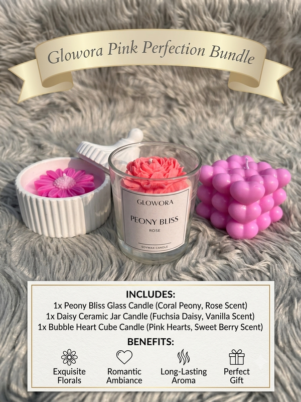 Glowora Pink Perfection Scented Candle Gift Set – 3-Piece Luxury Soy Wax Candle Bundle (Peony Rose, lavendar Daisy, Sweet Berry Heart Cube) for Aesthetic Home Decor & Gifting