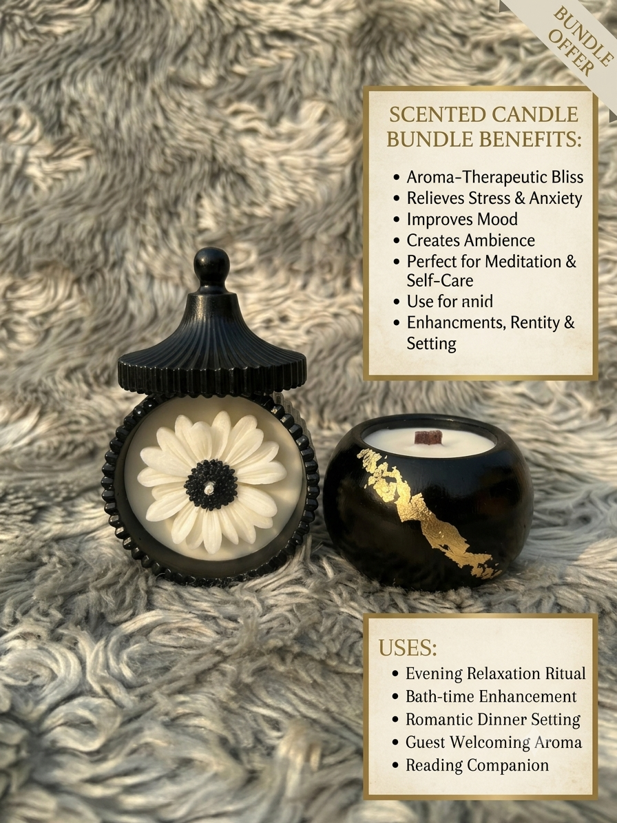 Glowora Black Luxury Scented Candle Duo – 2-Piece Soy Wax Candle Bundle (White Daisy in Ribbed Jar & Gold Foil Accent Pot) for Meditation, Self-Care & Gothic Aesthetic Decor