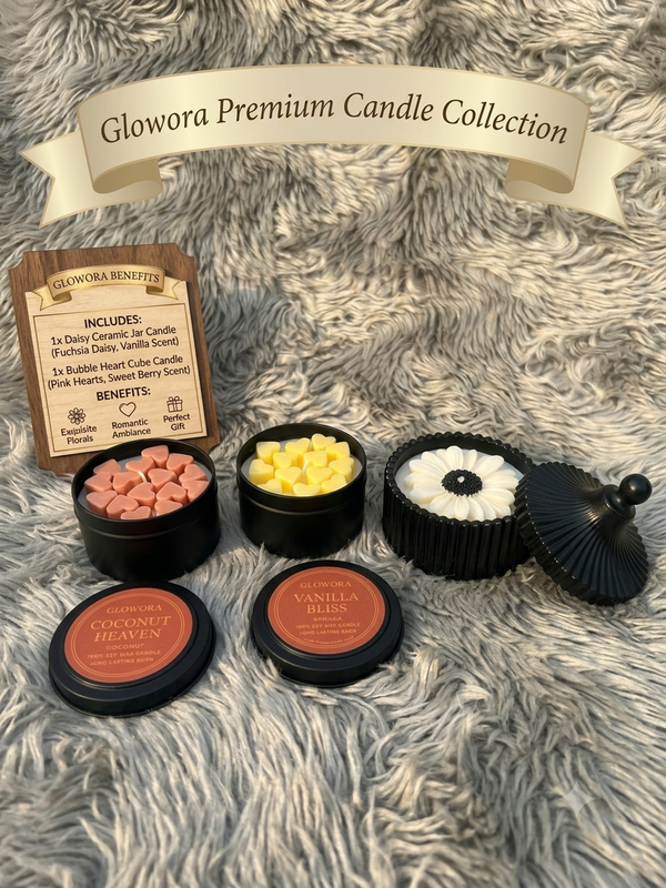 Glowora Premium Scented Candle Trio – 3-Piece Soy Wax Candle Bundle (Coconut Heaven, Vanilla Bliss & White Daisy Jar) with Heart Wax Melts for Luxury Home Decor & Gifting